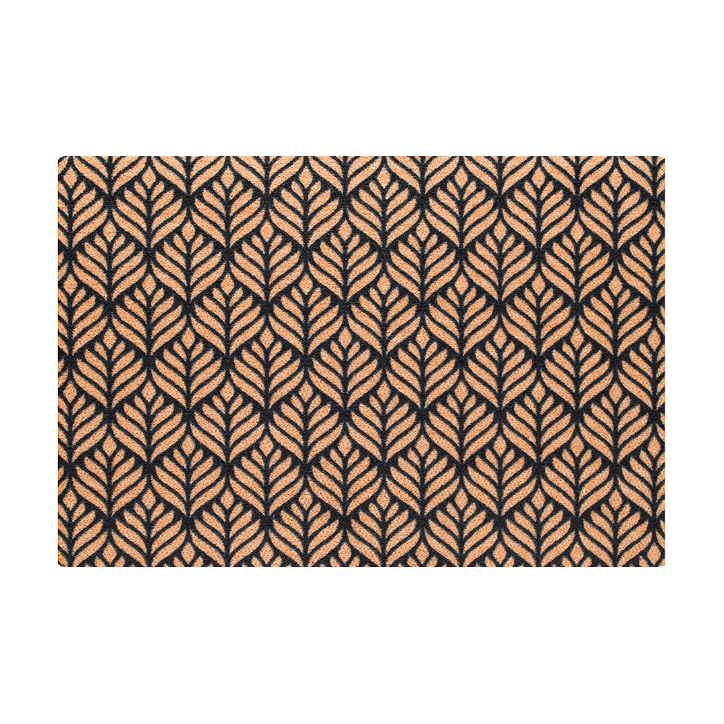 Overhead of the coir and black Neighburly large doormat with a repetitive floral design and non-shedding surface