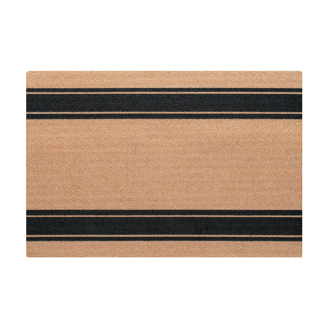 Overhead of indoor/outdoor Neigburly doormat that's all coir colored with two decorative stripes near both the bottom and top