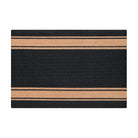 Overhead of indoor/outdoor Neigburly doormat that's black with two decorative coir colored stripes near both the bottom and top