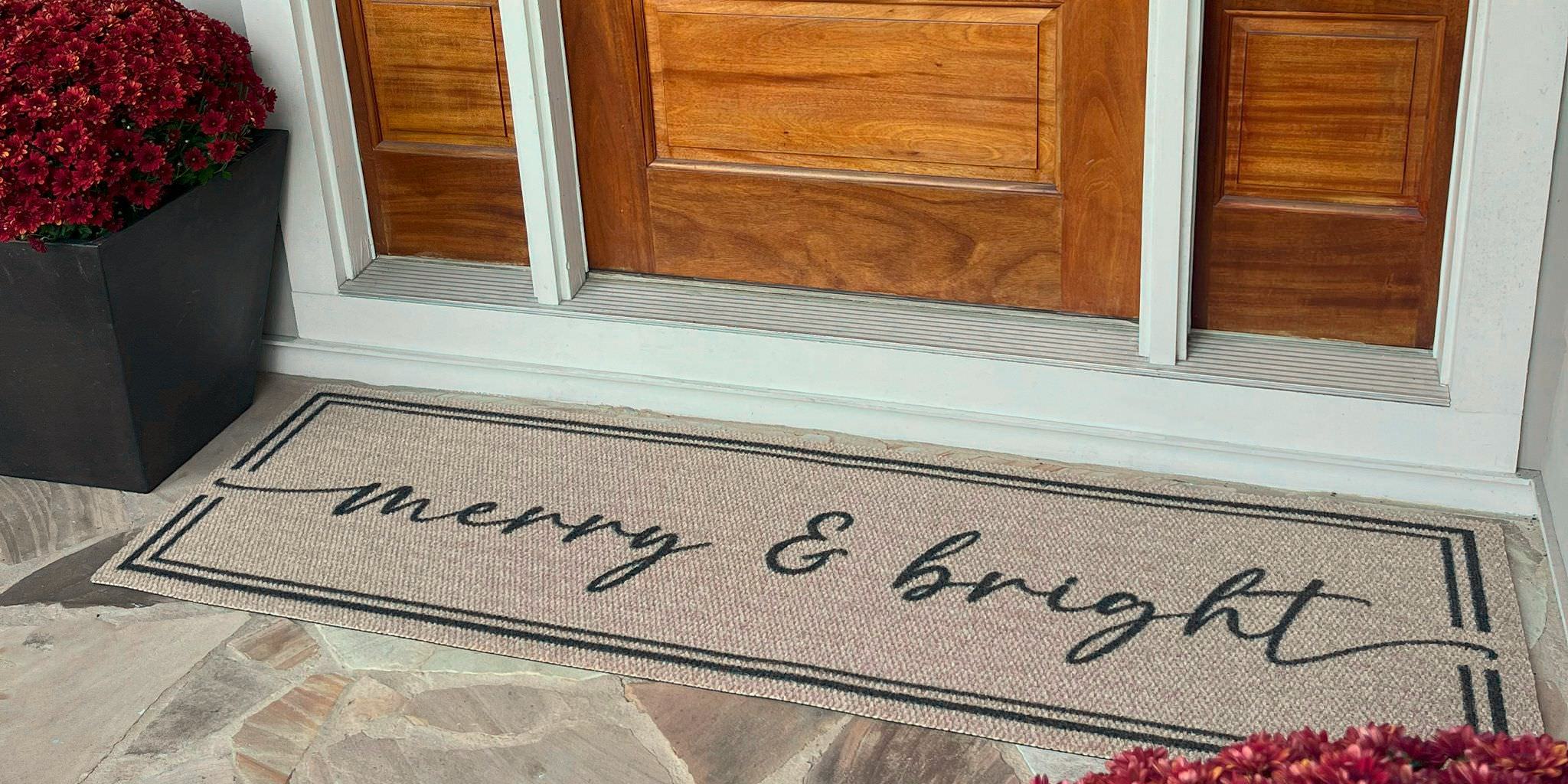 Around the Block personalized double doormat with Merry & Bright for the holidays.