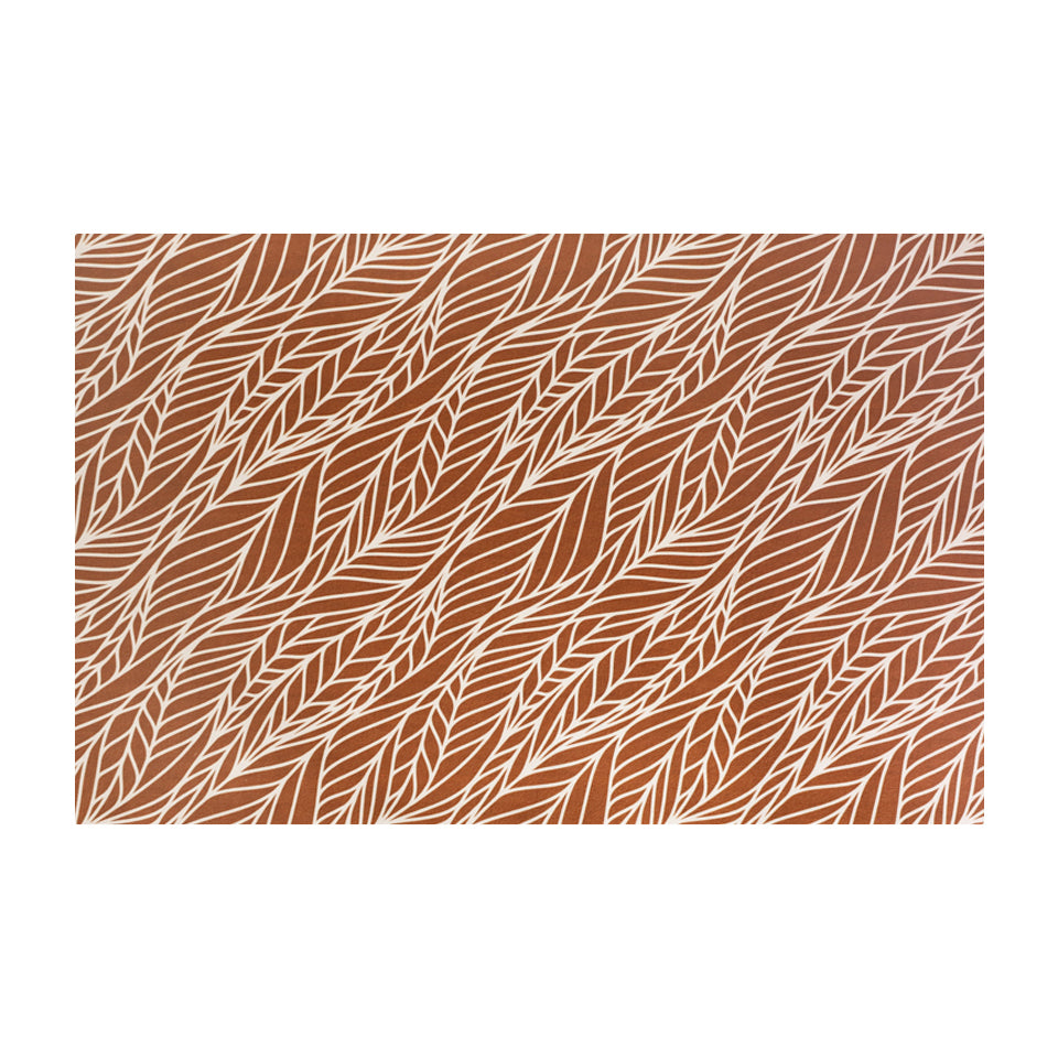 Abstract cream colored leaf pattern on burnt orange linen look low profile washable floormat in small