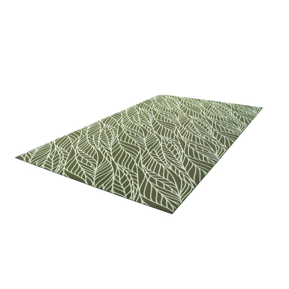 Overhead angled shot of Abstract cream colored leaf pattern on medium olive green linen look low profile washable floor mat