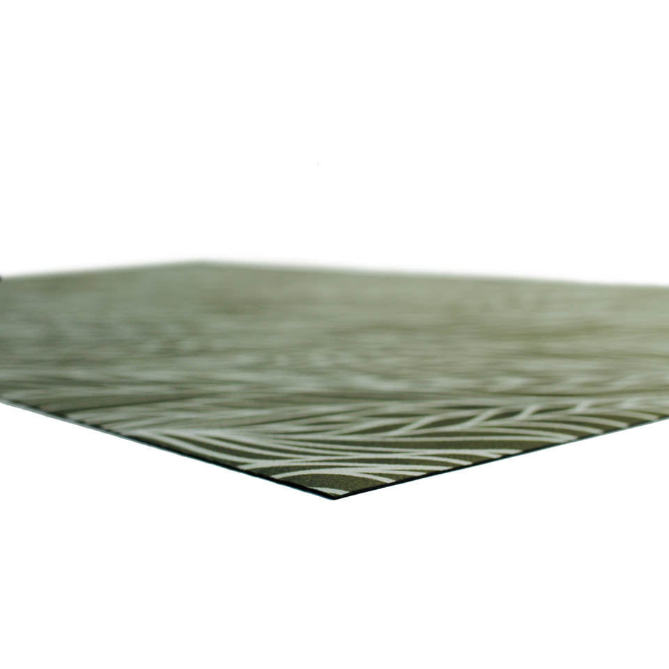 Super low profile shot of Abstract cream colored leaf pattern on medium olive green linen look low profile washable floormat