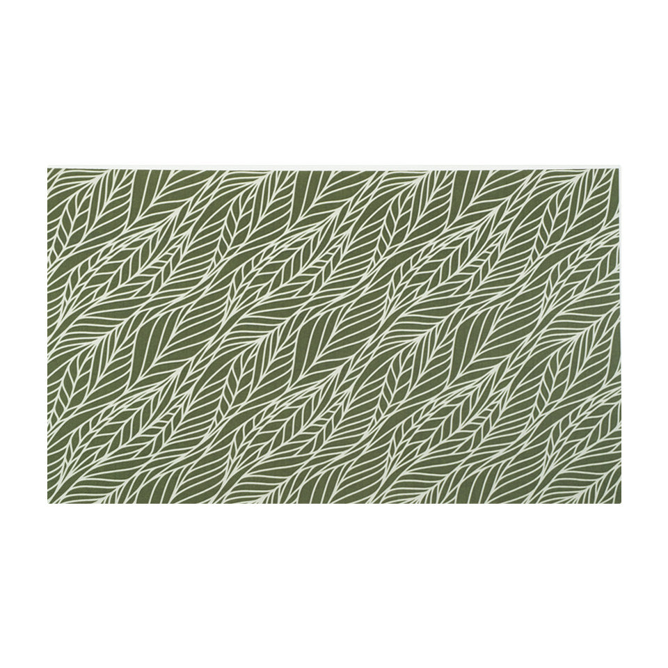 Overhead view of Abstract cream colored leaf pattern on medium olive green linen look low profile washable floor mat
