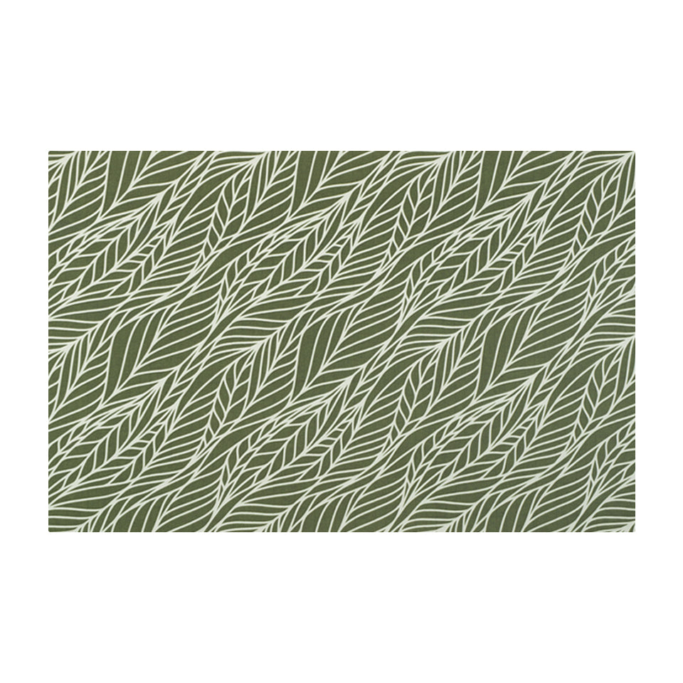 Overhead view of Abstract cream colored leaf pattern on small olive green linen look low profile washable floor mat