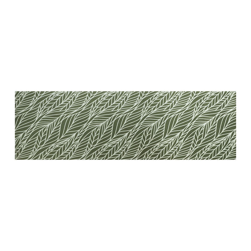 Overhead view of Abstract cream colored leaf pattern on medium olive green linen look low profile washable floor mat