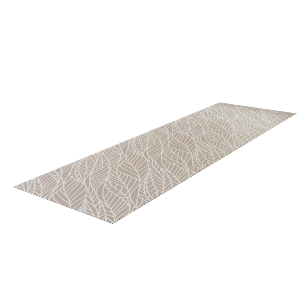 Overhead angled shot of runner Abstract cream colored leaf pattern on shiitake tan linen look low profile washable floormat