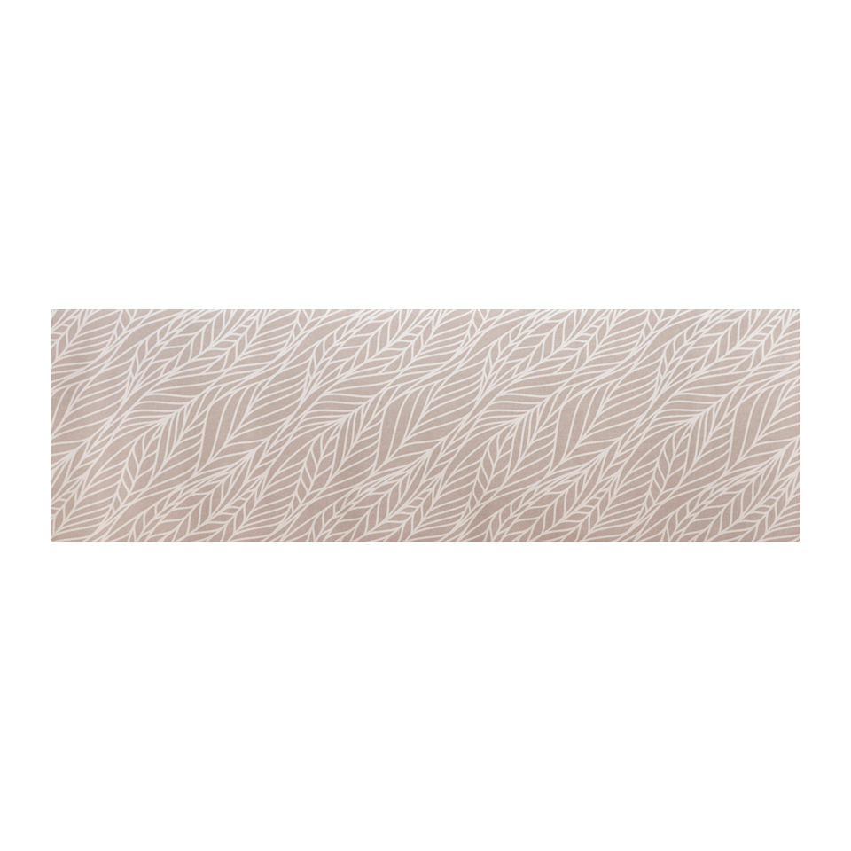 Overhead shot of runner Abstract cream colored leaf pattern on shiitake tan linen look low profile washable floormat