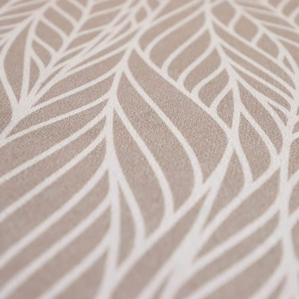 Close up shot of abstract cream colored leaf pattern on shiitake tan linen look low profile washable floormat