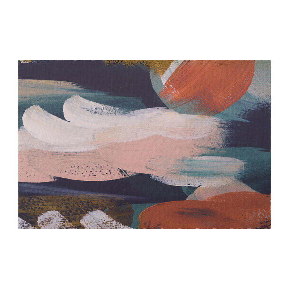 Large Abstract Painting printed on low profile floor mat in Rust, mustard, navy, teal, and muted pink. 