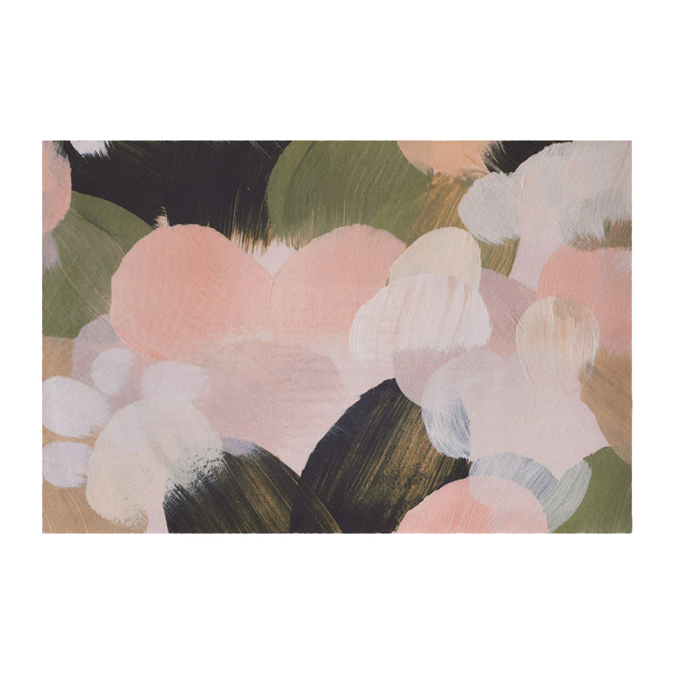 Abstract Painting printed on low profile floor mat in greens, pinks, and creams