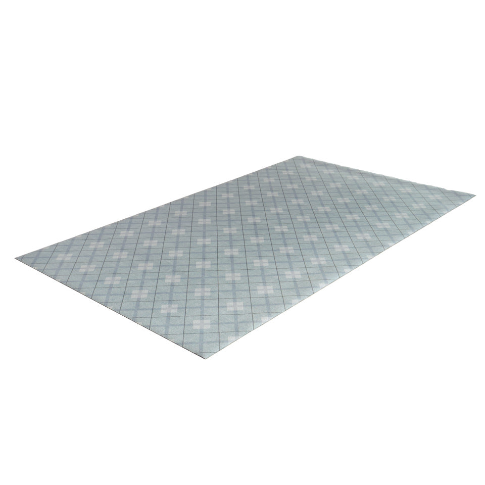 Angled shot of Sea Salt blue plaid interior floor mat in diamond pattern
