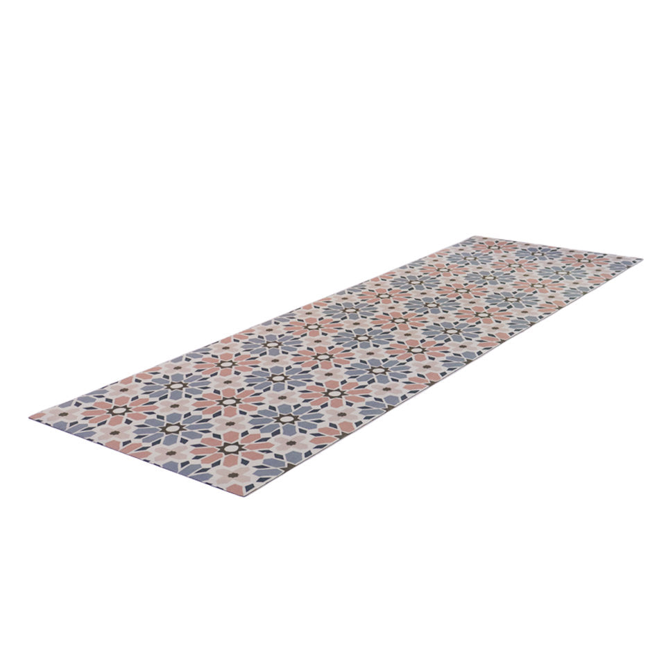 Indoor runner sized floor mat shown in Moroccan tiled printed pattern with pinks, blues, and beige