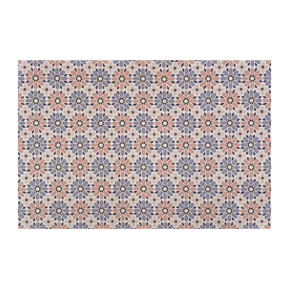 Large Moroccan tiled low profile washable indoor floor mat in pinks, blues, and beige