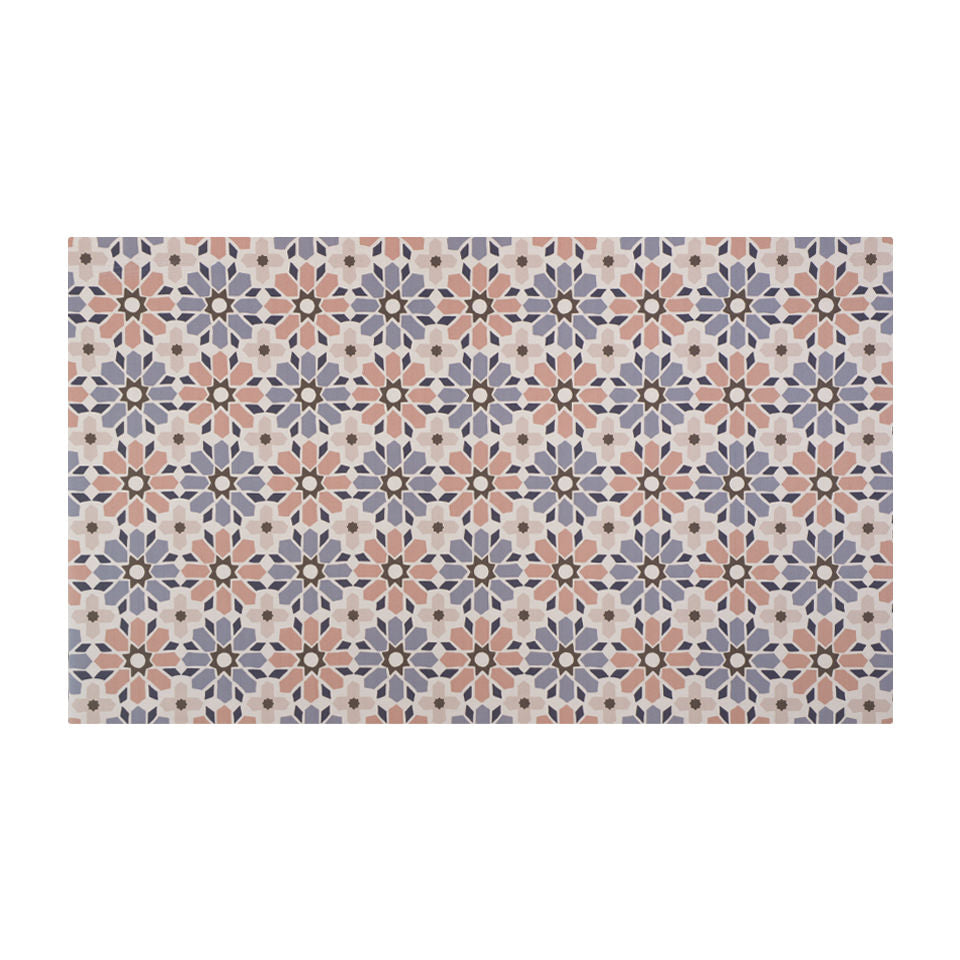 Moroccan tiled low profile washable indoor floor mat in pinks, blues, and beige