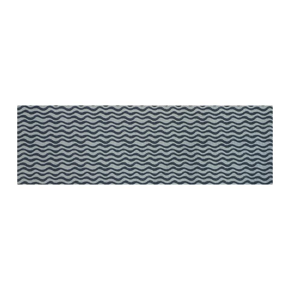 Overhead indoor hallway runner sized floormat in Coastal blues with an organic waved pattern on a washable low profile indoor floor mat