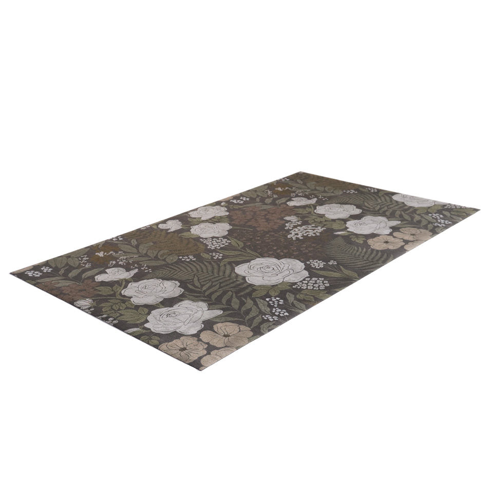 Overhead angled view of Dark floral with linen texture on low profile washable floor mat