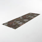 Interior home decor runner in dark floral with linen texture on low profile washable floor mat