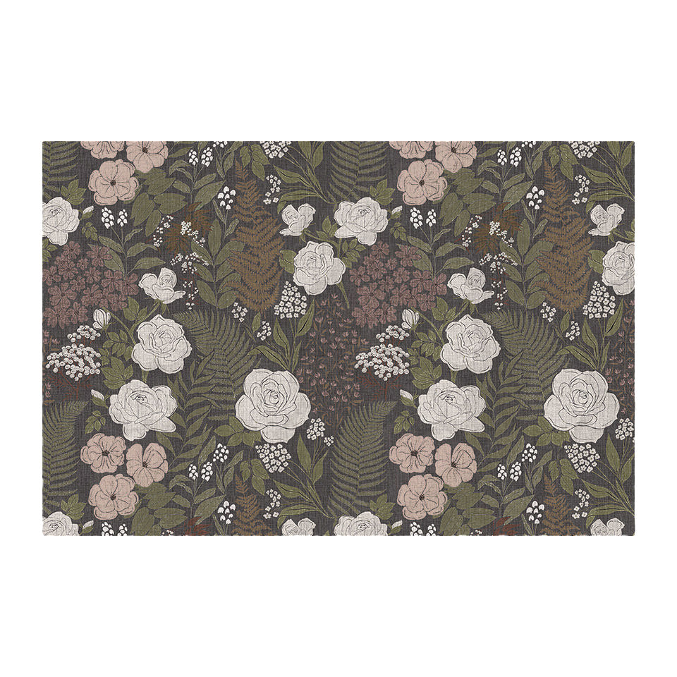 Beautiful Dark floral with linen texture on low profile washable floor mat