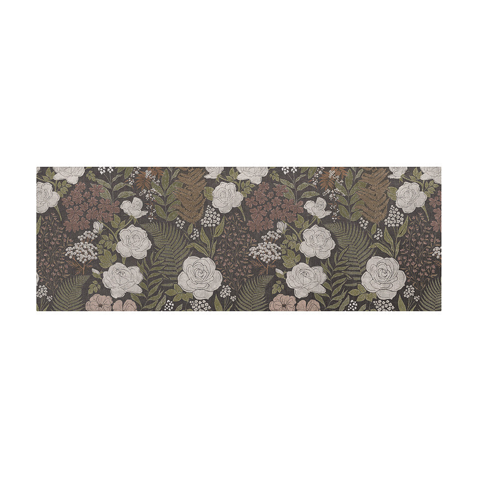 Overhead of interior home decor runner in dark floral with linen texture on low profile washable floor mat