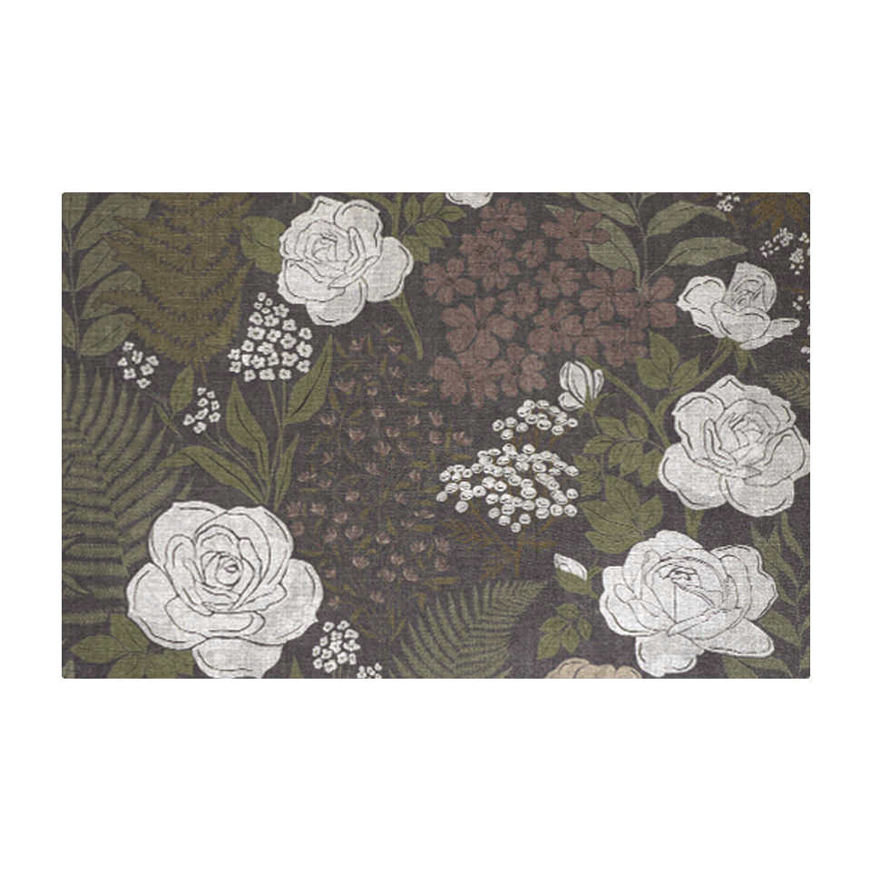 Beautiful Dark Floral in small size with linen texture on low profile washable floor mat