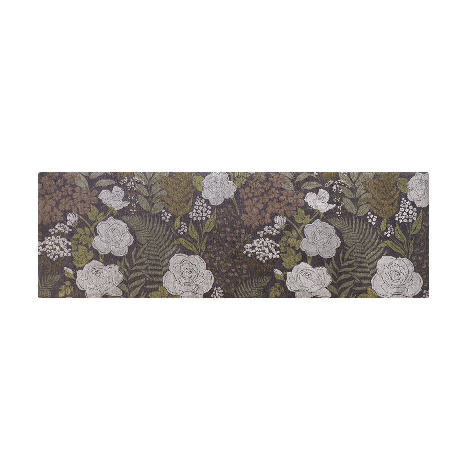 Overhead of interior home decor runner in dark floral with linen texture on low profile washable floor mat