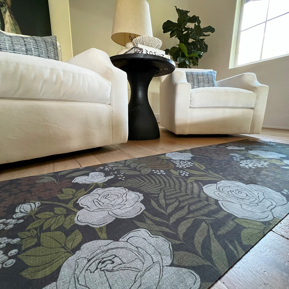 Dark floral with linen texture on low profile washable floor mat