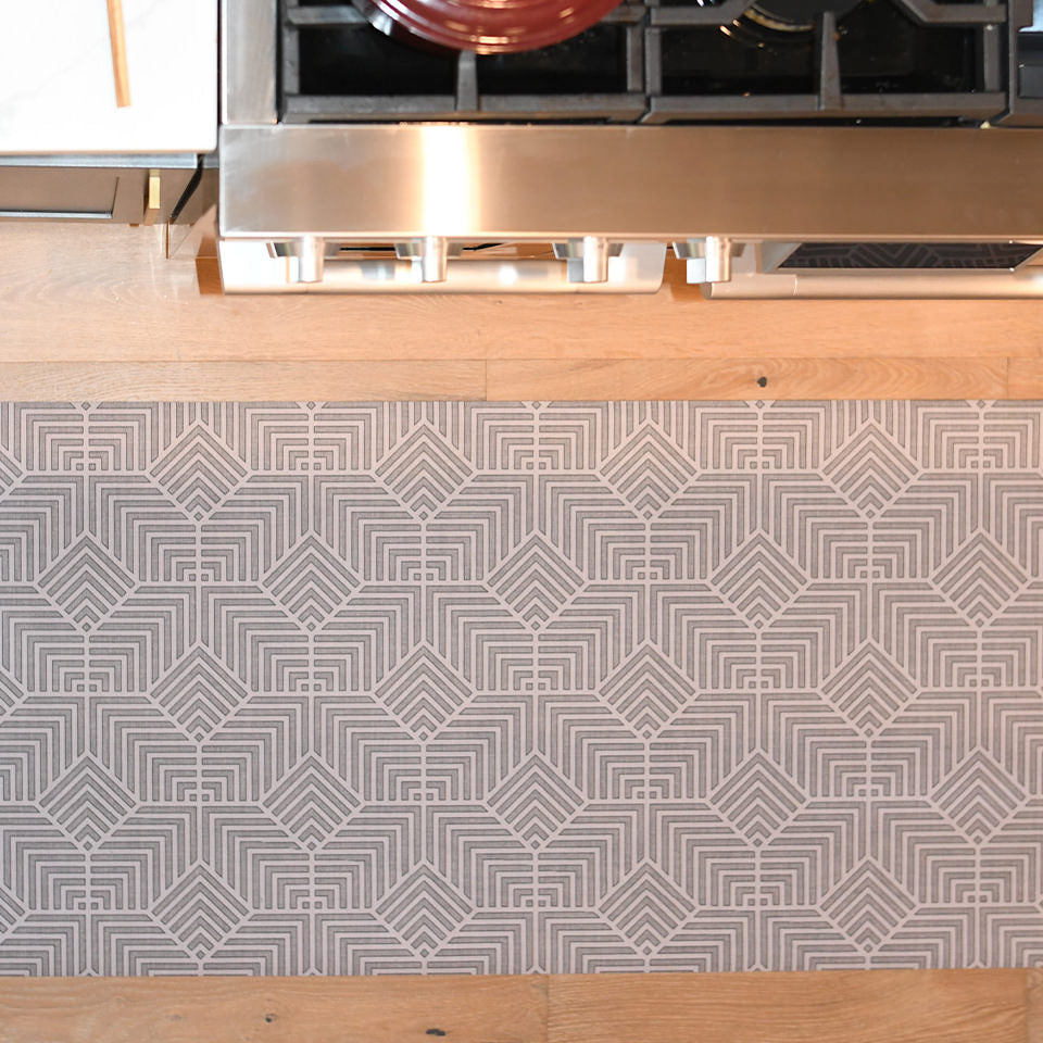 Overhead view of Diamond Deco mat in a kitchen for its low-profile and easy, machine washable construction