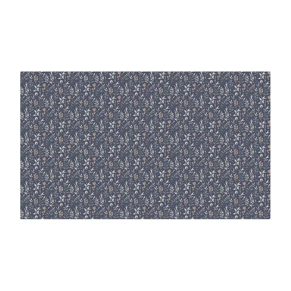 Overhead image of Un-Rug's Ditsy Floral medium mat in a floral sage design on a navy background.