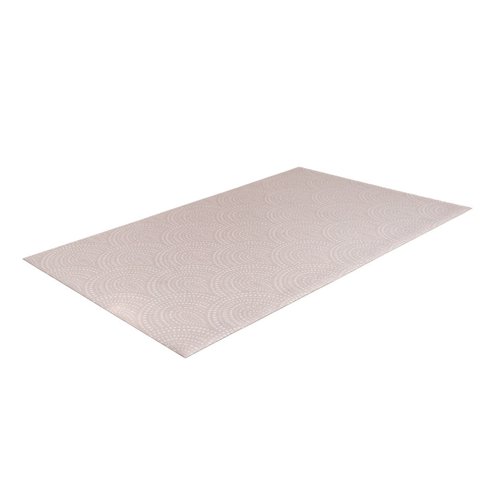 Overhead angle shot of Shiitake tan colored linen background with white dotted fan design on a low profile washable floor mat