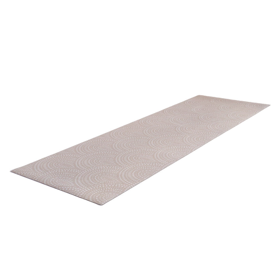 Indoor hallway runner sized floormat in Shiitake tan colored linen background with white dotted fan design on a low profile washable floor mat