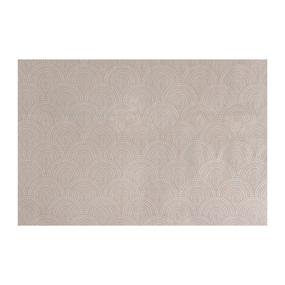 Overhead shot of Shiitake tan colored linen background with white dotted fan design on a low profile washable floor mat in large