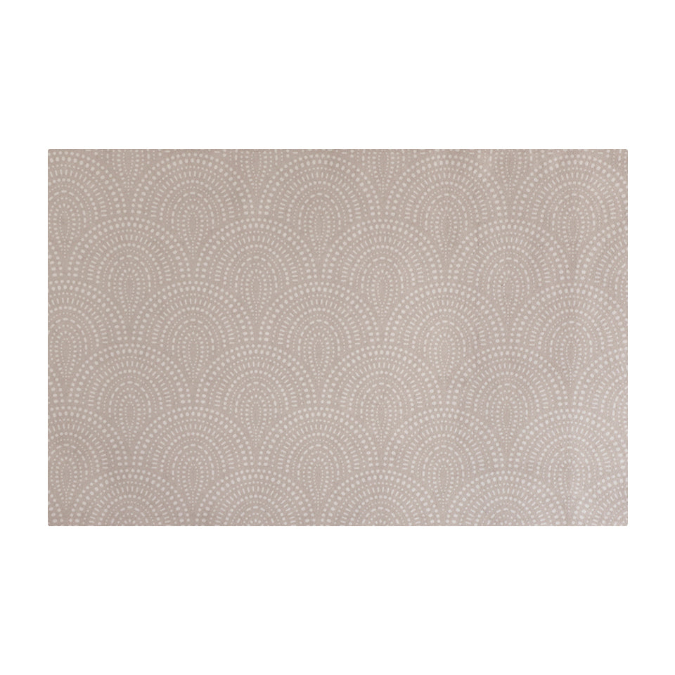 Overhead shot of Shiitake tan colored linen background with white dotted fan design on a low profile washable floor mat in small