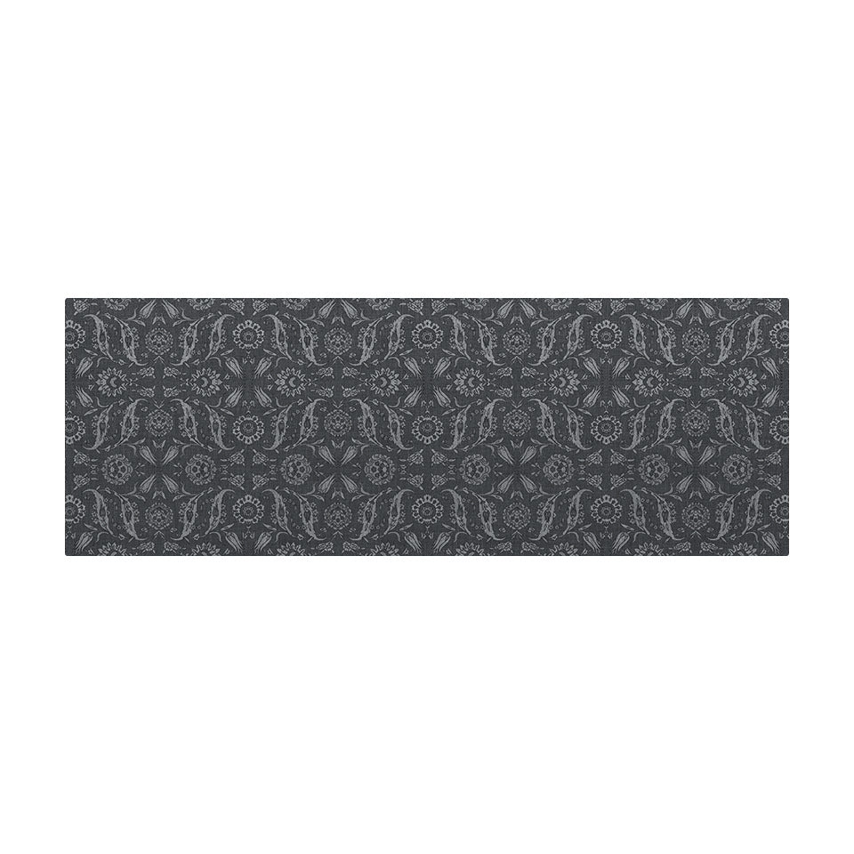 Overhead image of Filigree Floral's medium sized runner mat that is machine washable.