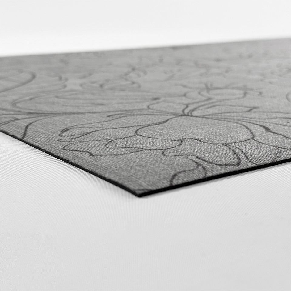 Low-profile Fine Line Floral mat that is a single piece construction and machine washable.