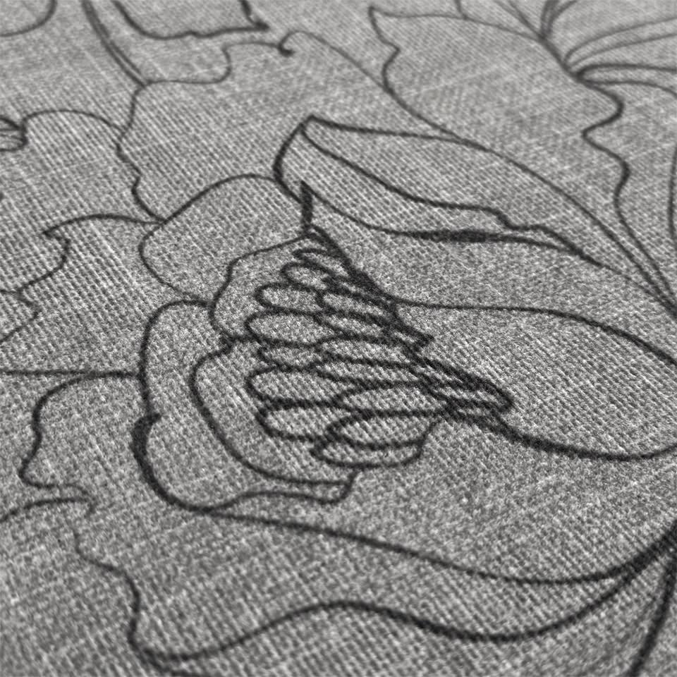 Close up of Fine Line Floral surface of soft, felt knit material with the high definition floral printed design.