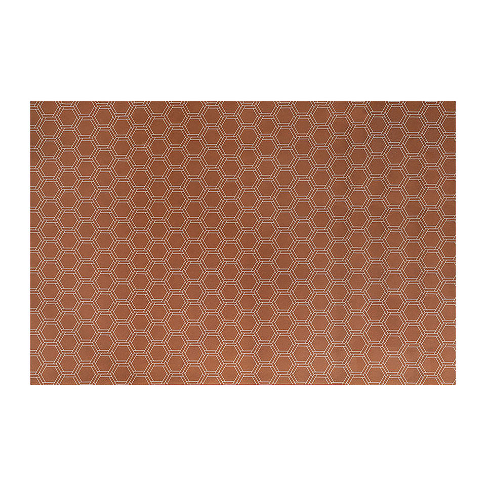 Low profile washable floor mat in burnt orange linen look with double honeycomb accent design in shiitake tan in size large