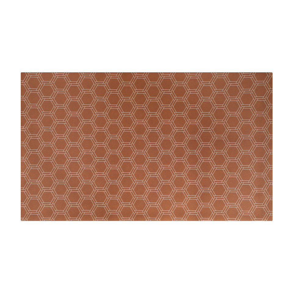 Low profile washable floor mat in burnt orange linen look with double honeycomb accent design in shiitake tan in size medium