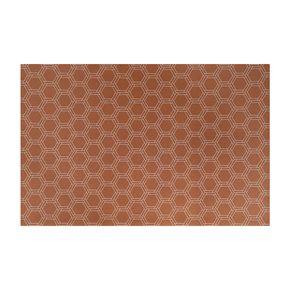 Low profile washable floor mat in burnt orange linen look with double honeycomb accent design in shiitake tan in size small