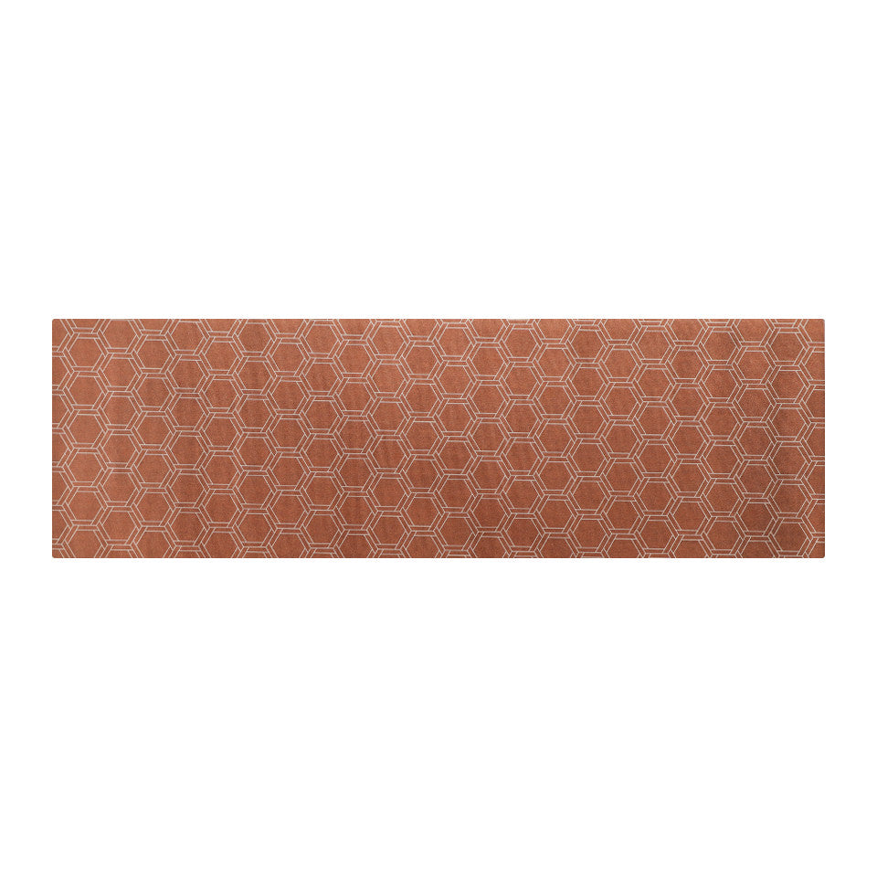 Low profile washable floor mat in burnt orange linen look with double honeycomb accent design in shiitake tan in runner size