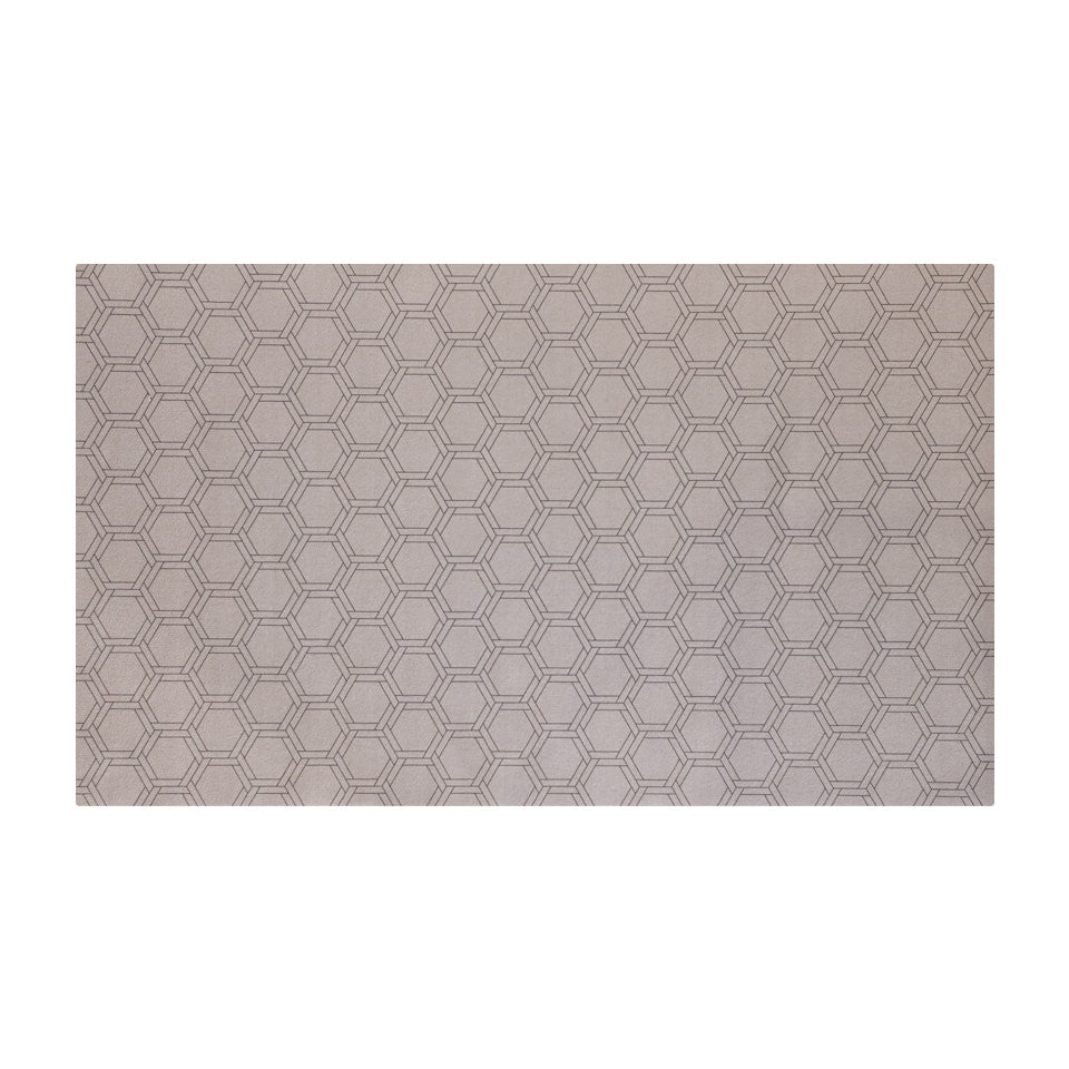 Low profile washable floor mat in shiitake tan printed linen with double honeycomb accent design in urbane bronze size medium