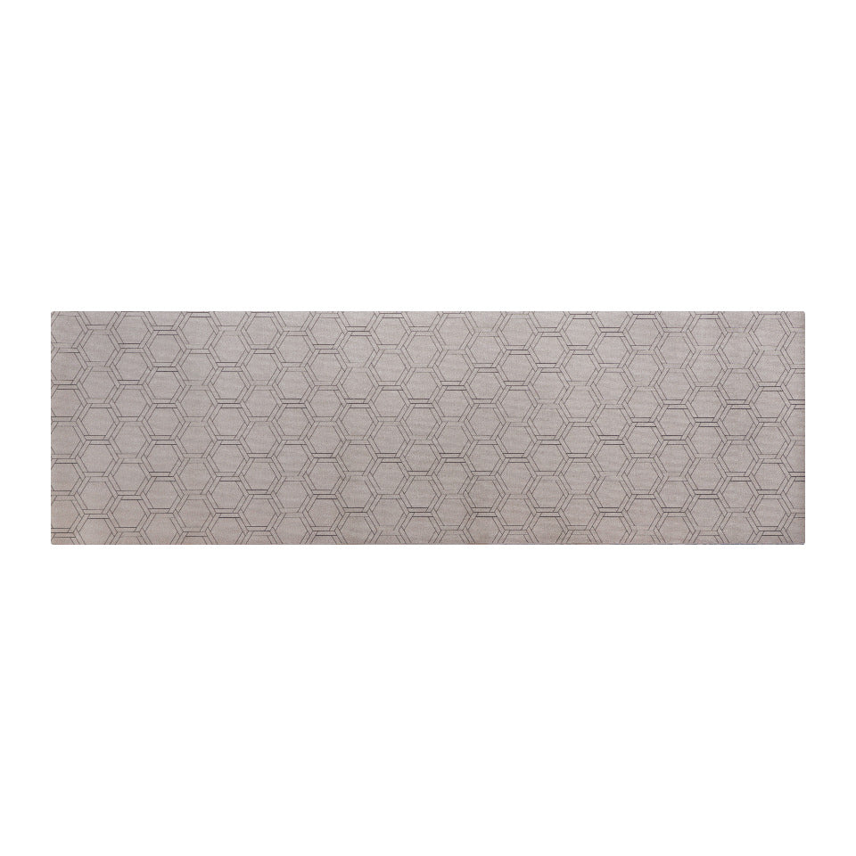 Low profile washable floor mat in shiitake tan printed linen with double honeycomb accent design in urbane bronze runner