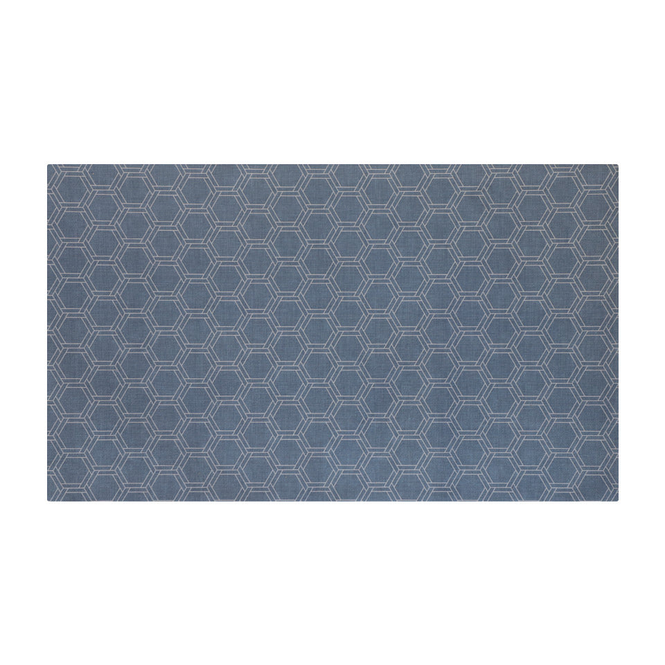 Overhead shot of storm cloud in medium blue with double honeycomb design in shiitake tan on a low profile washable indoor mat