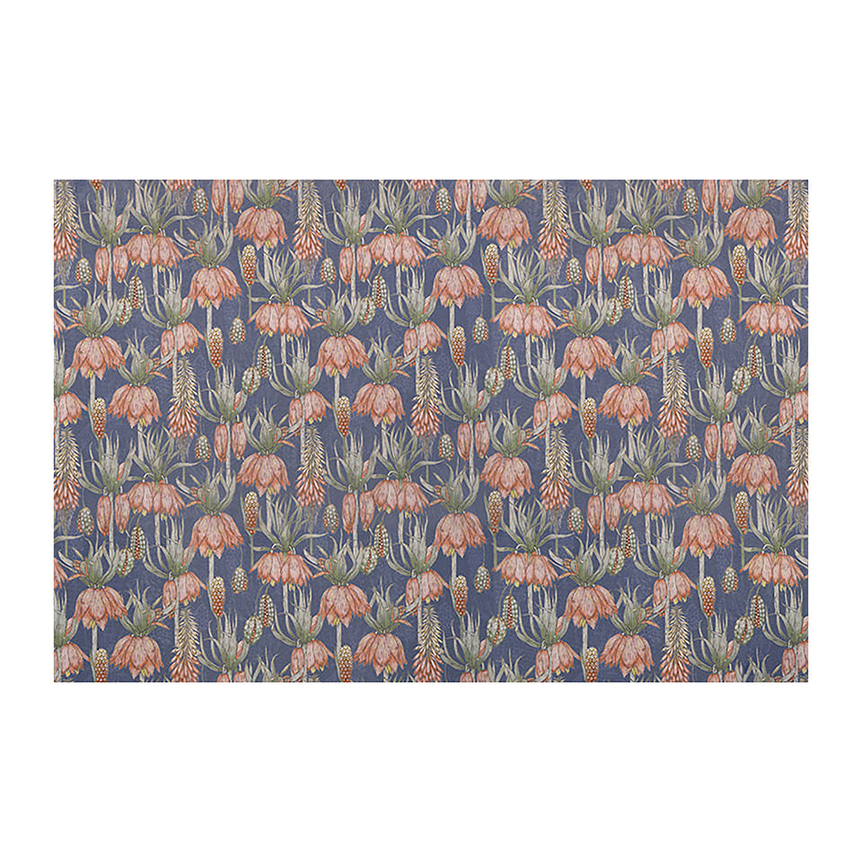 Overhead shot of Dark floral print with pink flowers on blue grey background on a low profile washable floor mat size large