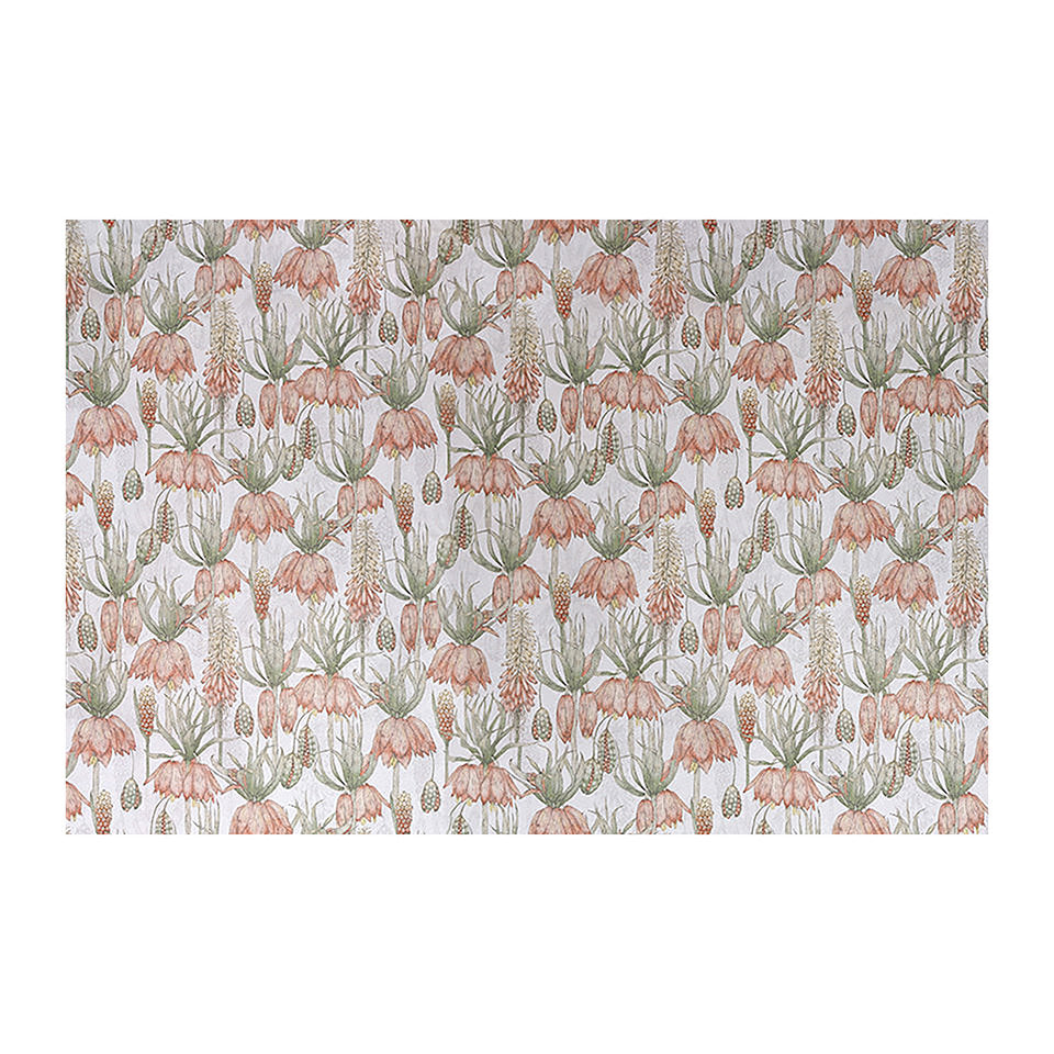 Light floral print with pink flowers on light grey greige background on a low profile washable floor mat in large