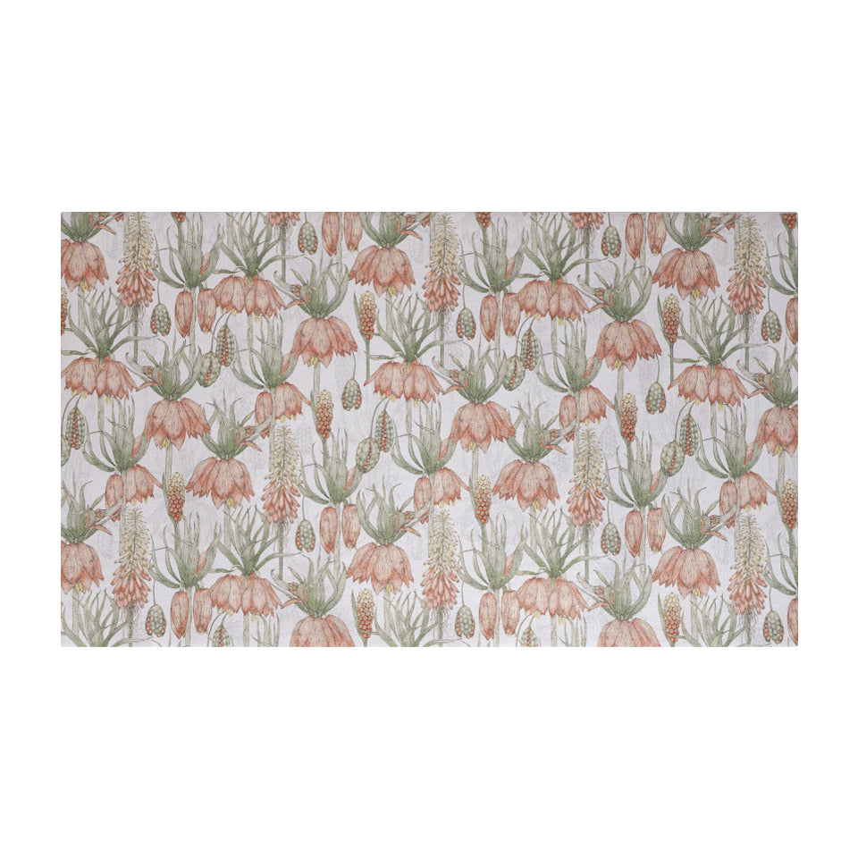 Light floral print with pink flowers on light grey greige background on a low profile washable floor mat in medium