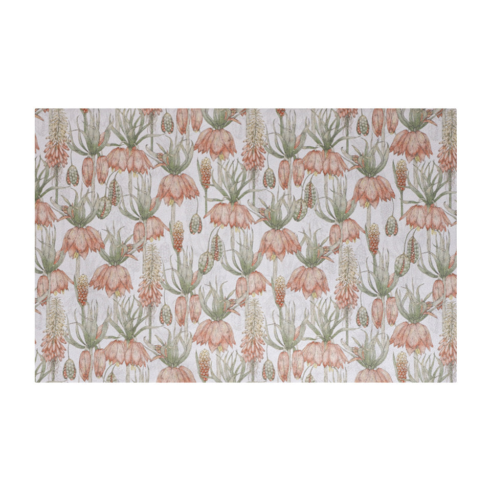 Light floral print with pink flowers on light grey greige background on a low profile washable floor mat in small