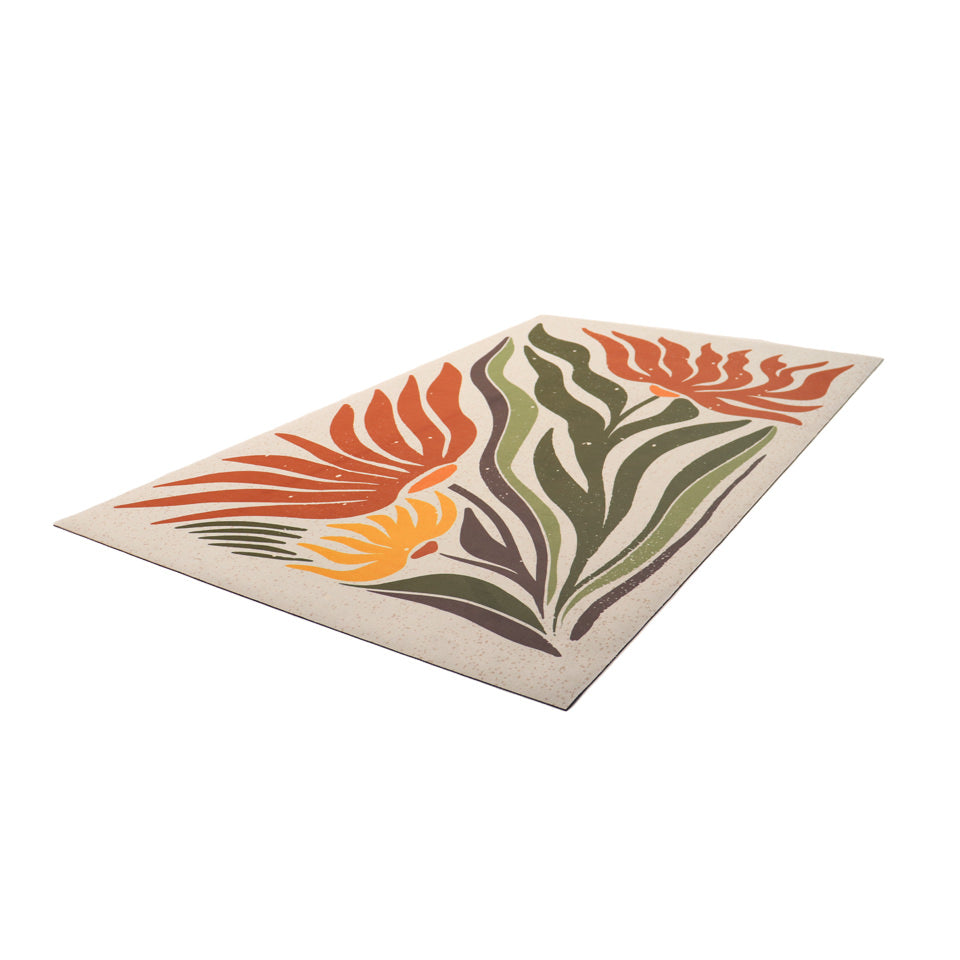 MCM funky abstract floral with shiitake tan background and orange and yellow retro flowers with green leaves on low profile washable floor mat