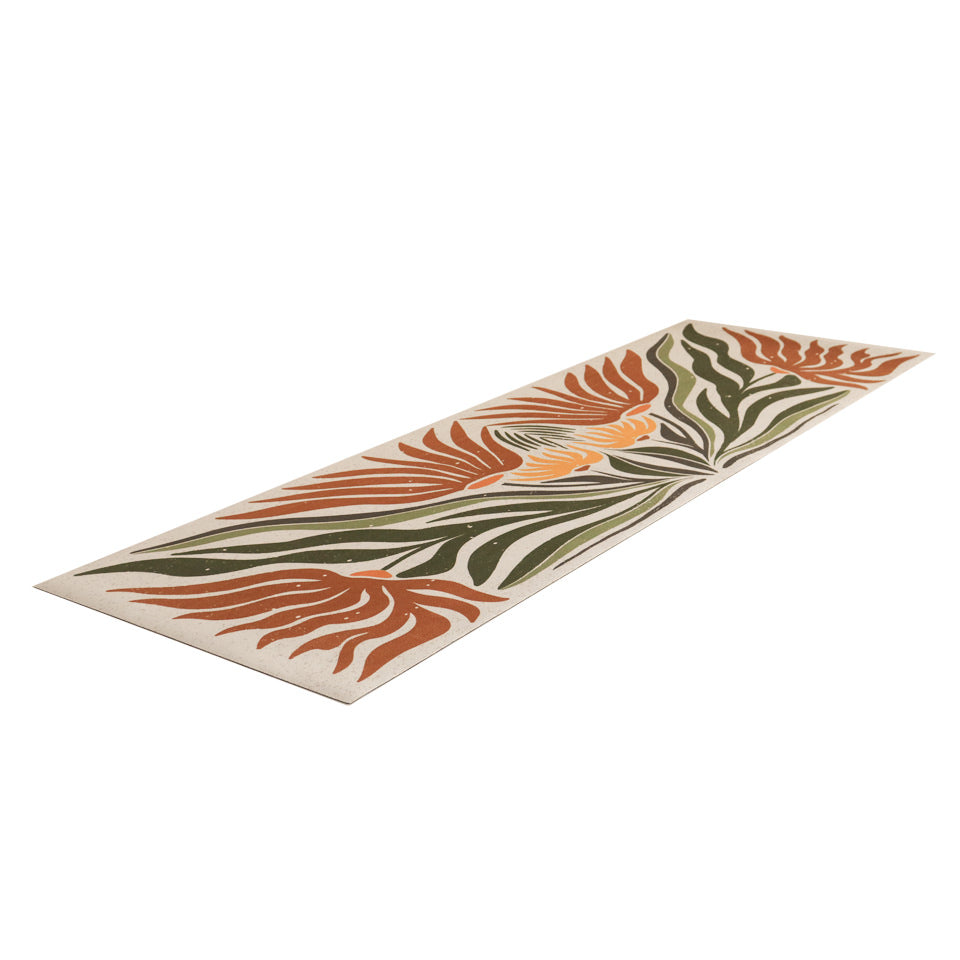 Runner MCM abstract floral, shiitake tan background and orange and yellow flowers with leaves on low profile washable mat