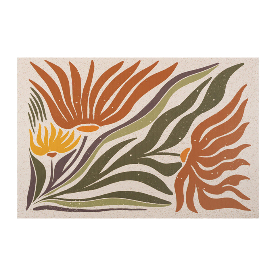Large MCM abstract floral, shiitake tan background and orange and yellow flowers with leaves on low profile washable mat